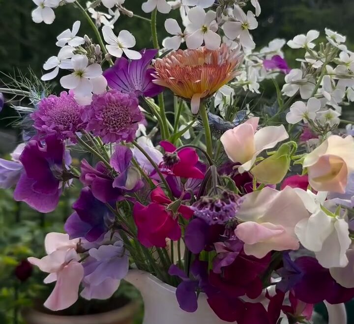 Jug of home-grown summer flowers on a garden table