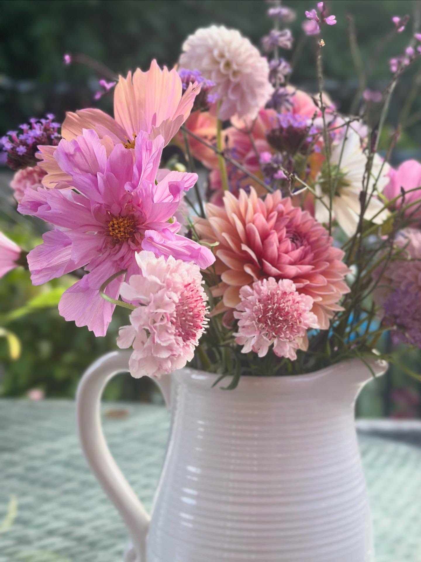 A jug of dahlias and cosmos on the patio table in evening light